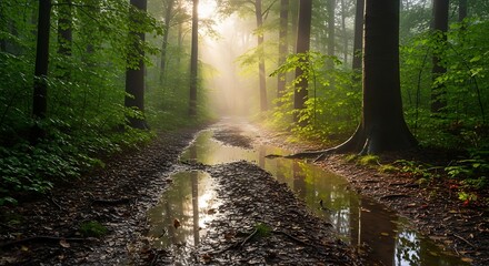 Sunlit Forest Path with Misty Morning.