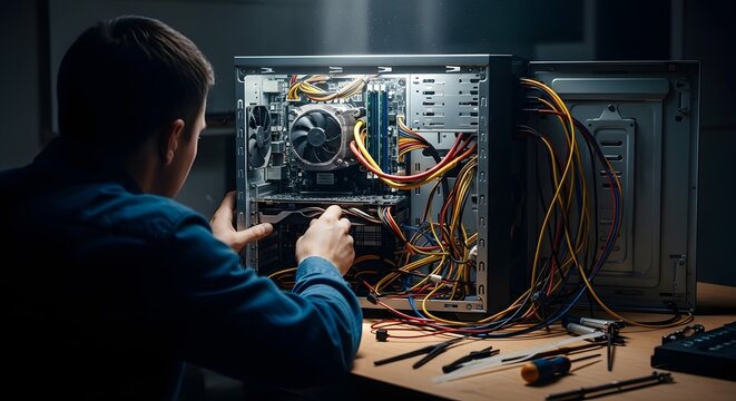 Focused technician assembling or repairing a desktop computer, showcasing internal hardware components and intricate wiring during maintenance or u...