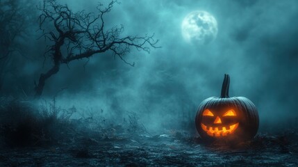 Fototapeta premium Halloween pumpkin carving celebration spooky forest digital artwork nighttime eerie atmosphere