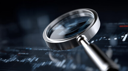 Magnifying glass over digital data representing stock market analysis