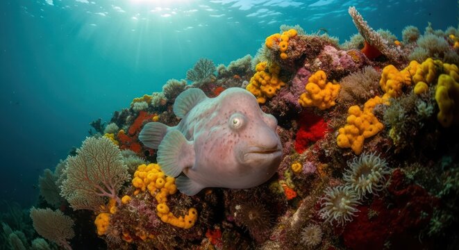 A curious toadfish posing near vibrant coral reef formations in clear ocean water