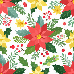 Watercolor poinsettia bouquets with candy canes and berry branches seamless pattern
1