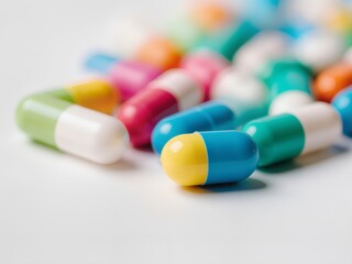 A neatly organized row of various pill capsules in bright, contrasting colors on a clean white surface. Macro shot, focus on texture and detail.