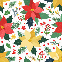 Watercolor poinsettia bouquets with candy canes and berry branches seamless pattern
4