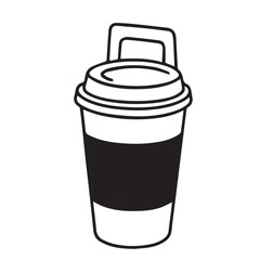 Vector illustration of coffee takeaway packaging, black and white design with clean black outlines, symbolizing modern simplicity, warmth, and elegant beverage presentation style.