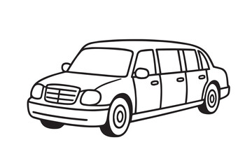 Vector illustration of a cute limousine car in black and white, outlined in black, designed with charming proportions, smooth lines, and playful character.