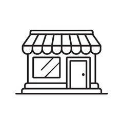 A minimalist vector icon showing a mini market storefront in black and white, featuring precise black outlines for clarity, harmony, and visual simplicity.