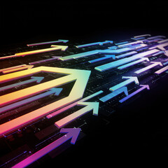 A stream of colorful, glowing arrows moving forward in perspective against a dark background, symbolizing progress and direction.