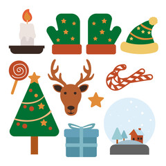 Christmas Elements Flat Design Collection Set with Santa Hat Reindeer and Candy Cane.Vector Illustration