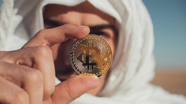 4k video of an arab sheikh holding a bitcoin.