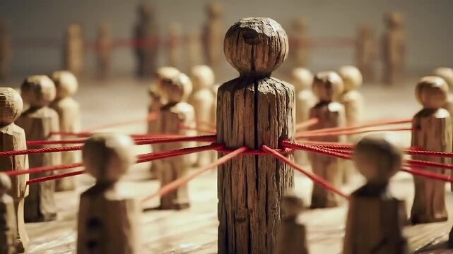 Wooden human figures connected with red strings symbolizing social connection and teamwork
