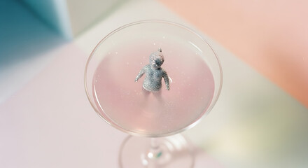 Obraz premium miniature glittering humanoid figure floating in clear cocktail glass filled with liquid