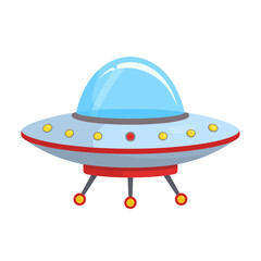 Cartoon UFO with Dome and Lights Hovering in the Air.