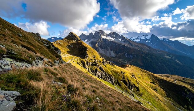Sunny vista of a mountain range with grassy slopes, under a cloudy sky