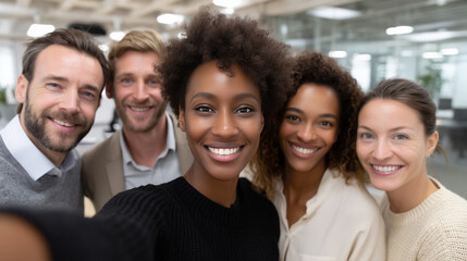 Diverse group of employees taking group selfie in modern office