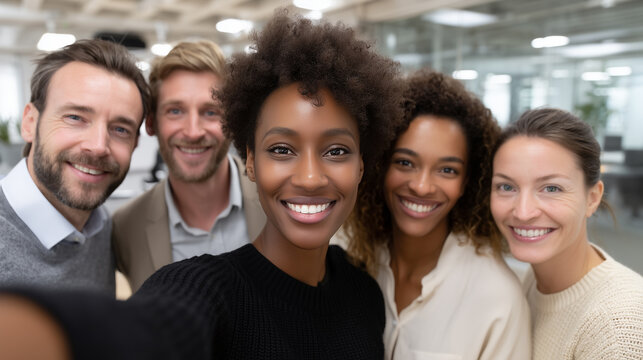 Diverse group of employees taking group selfie in modern office - Powered by Adobe
