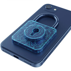 A digital padlock superimposed on a smartphone, symbolizing data security and protection.