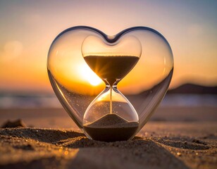 Time's Embrace: An hourglass, cradled within a heart-shaped glass, captures the fleeting essence of time and love against a warm sunset backdrop.