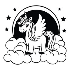 Whimsical black and white line art illustration of a cute winged unicorn standing on fluffy clouds under a crescent moon and stars