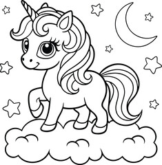 Adorable baby unicorn with flowing mane and tail sitting on a fluffy cloud surrounded by stars and a crescent moon in a whimsical illustration