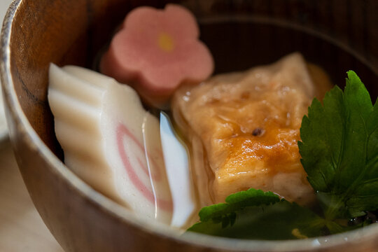 Traditional Japanese New Year Soup Ozoni with Mochi and Kamaboko