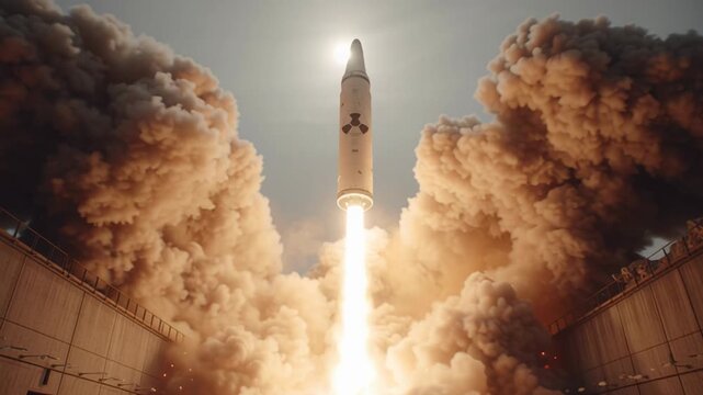 4k video of a nuclear missile launch. Concept of nuclear war.