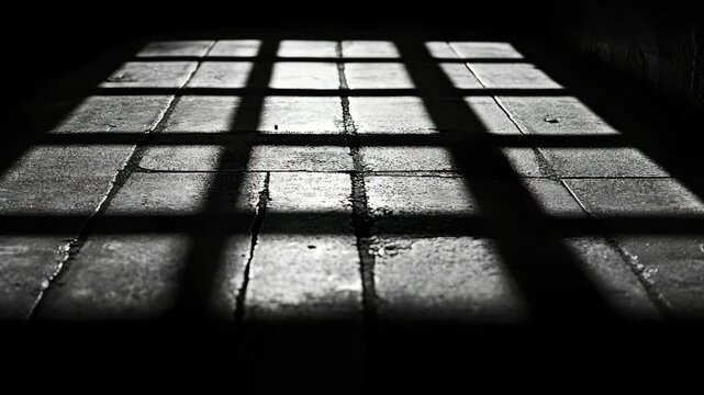 Shadows of grid pattern cast on brick floor creating geometric interplay