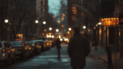 Lone Figure Walking Away on Rainy City Night, Wet Street Reflecting Neon Lights, Cinematic Lonely Atmosphere for Mystery Story and Ad Design