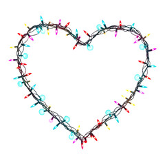 Festive heart shape made of glowing Christmas lights showing love, happiness, and colorful celebration energy