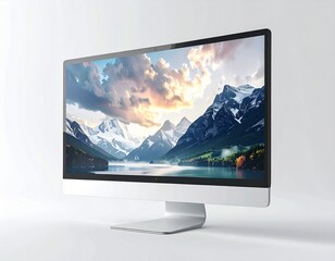 Fototapeta premium Modern desktop computer display showcasing a breathtaking mountain landscape with dramatic clouds and sunlight