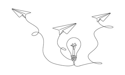Paper plane flying up connected with light bulb.  Startup business idea concept  pro vector 