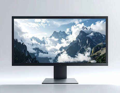 Modern computer monitor displaying a breathtaking mountain landscape with clouds and blue sky