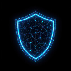 A glowing blue digital shield formed by interconnected lines and dots on a black background.