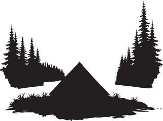 Black silhouette of a tent in a forest with pine trees