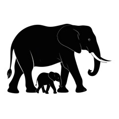 Fototapeta premium Silhouette of a mother elephant and her calf