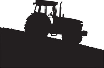Black silhouette of a tractor on a plowed field black and white