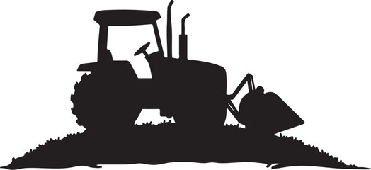 Black silhouette of a tractor with a front loader on a grassy mound