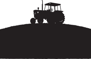 Black silhouette of a vintage tractor on a grassy hill