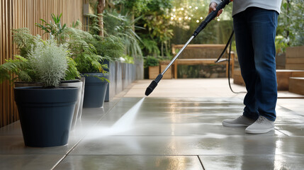 Outdoor patio cleaning with pressure washer in residential area