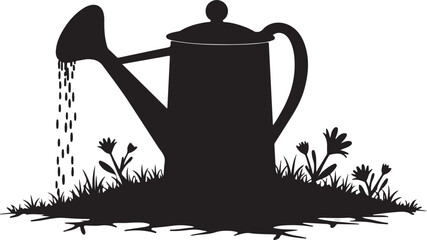 Black silhouette of a watering can pouring water on grass and flowers