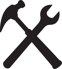 Black silhouette of crossed hammer and wrench on white