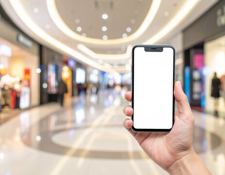 Hand holding a smartphone with a blank screen inside a shopping mall, showcasing modern retail and consumer technology