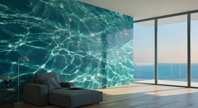 Crystal-clear swimming pool water casting reflections on a glass wall near the ocean. Serene atmosphere evoking peace, clarity, and luxury resort design.