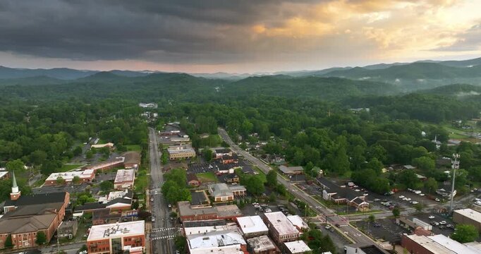 Brevard, Transylvania County. Old American town in Blue Ridge Mountains with preserved historical buildings and scenic streetscape