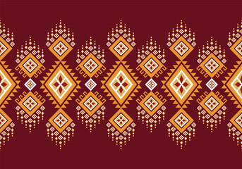Golden Tribal Pattern on Maroon Background, Mekong Gold Ikat Geometric Pattern