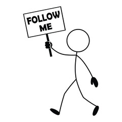 Stick Figure Follow Me Icon – simple person holding sign, social media direction symbol