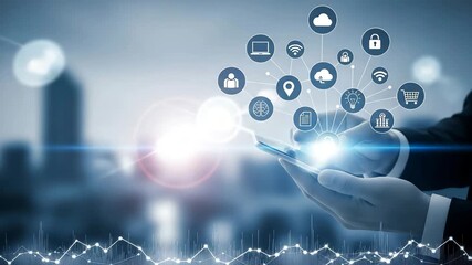 Businessman holding a smartphone connected to a network of digital icons representing cloud computing security data shopping and artificial intelligence with city skyline background - Powered by Adobe