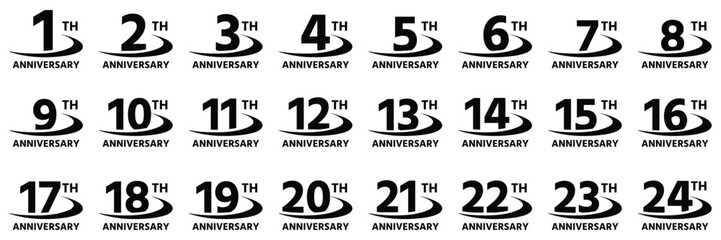 Anniversary Number Icon Set – celebration year vector design, milestone numbers from 1st to 24th, modern black typography label collection