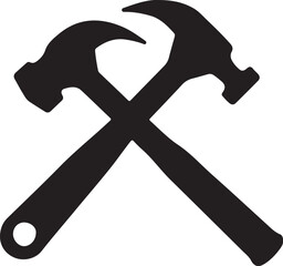 Two black hammers crossed on white background tool