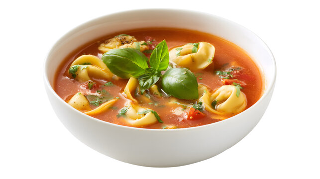 Bowl of tortellini soup with basil garnish presented on a transparent background
